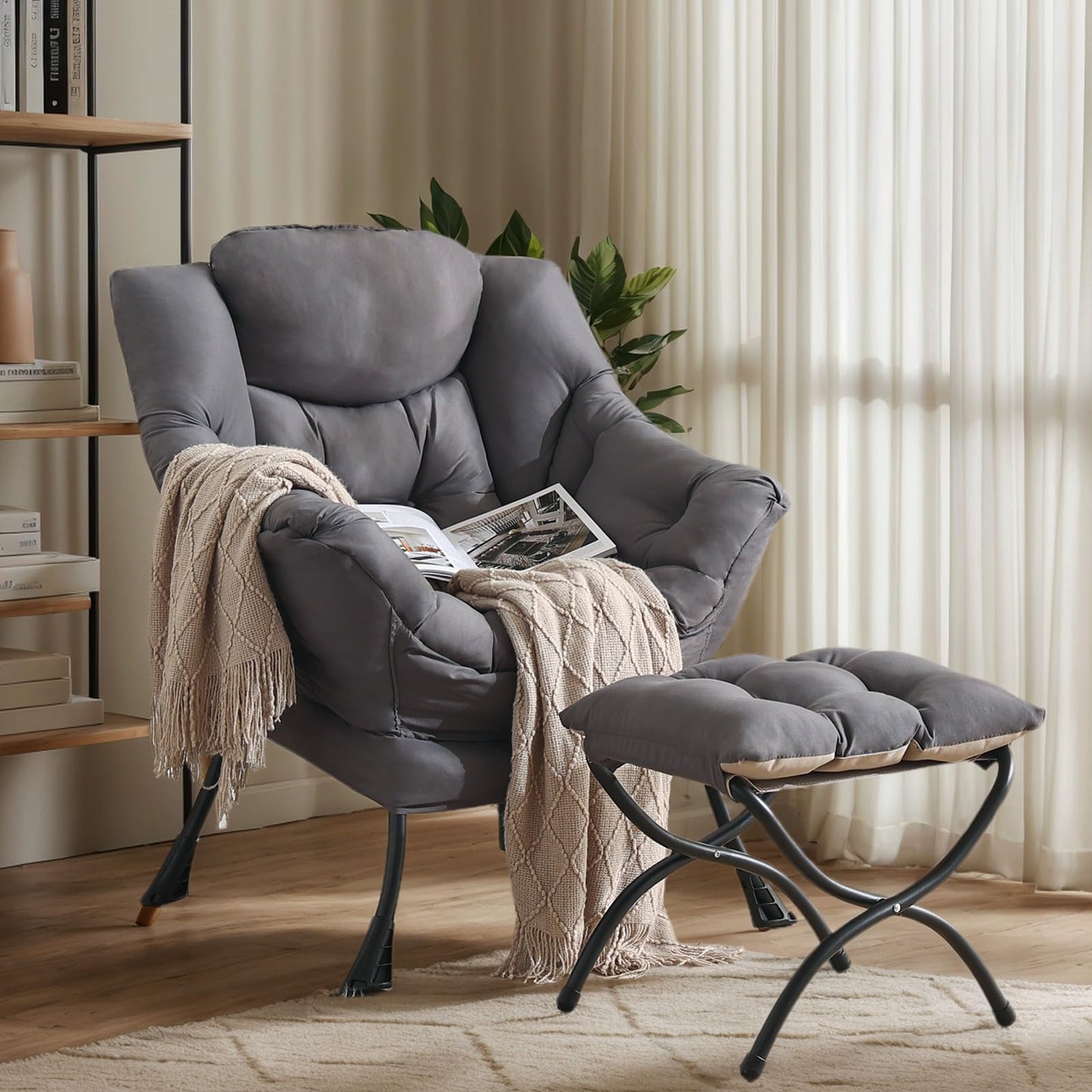 HomEastlly Lazy Chair with Ottoman, Reading Armchair with Armrests and Footrest, Large Modern Lounge Accent Chair with Ottoman, Leisure Sofa Chair for Living Room, Bedroom, Dorm Room (Dark Grey)