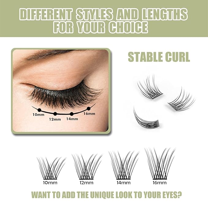 DIY Eyelash Extension, Glue Bonded Band Individual Lash 12 Clusters Natural Lashes Set, Home Eyelash Extension, C curl Lashes Pack (16MM-Natural)