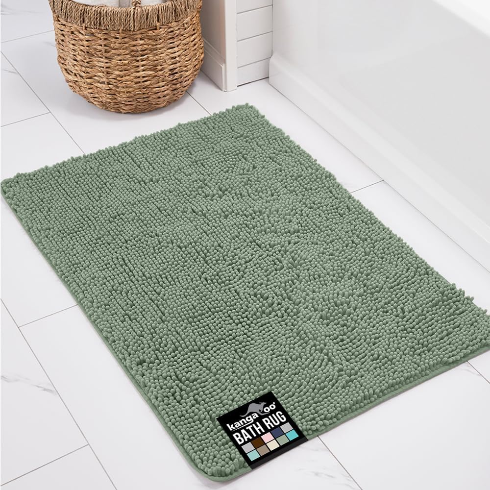 KANGAROO Bathroom Rugs, Chenille Soft Absorbent Bath Rug, Shaggy Shower Mat, Quick Dry Machine Wash Bathmat, Plush Carpet Mats for Tub, Bathtub and Room Home Decor Accessories, 24x17, Sage