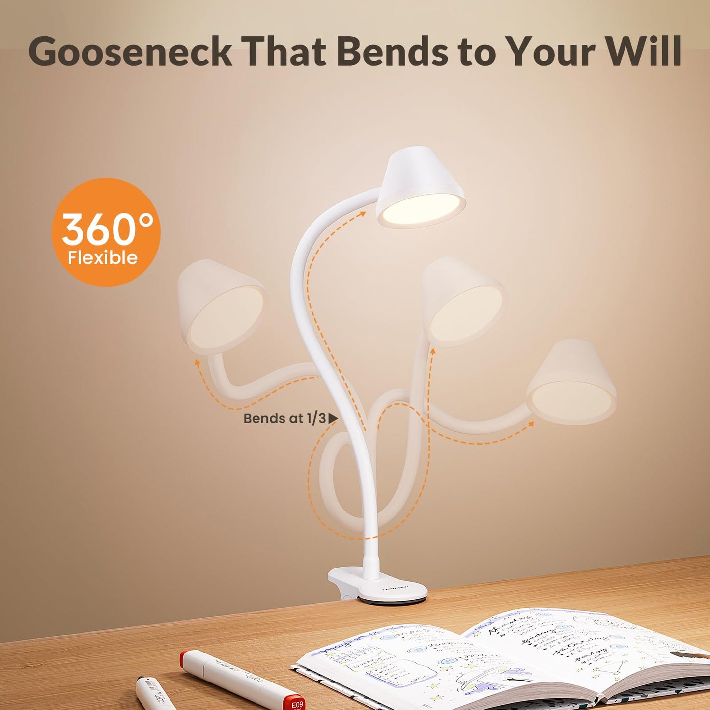 LEPOWER Clip on Light, Reading Lights for Books in Bed with 5 Colors & Stepless Dimming, RG0 Eye-Care, Auto Timer & Night Light, Strong Clamp for Headboard, Bedside, Desk, White