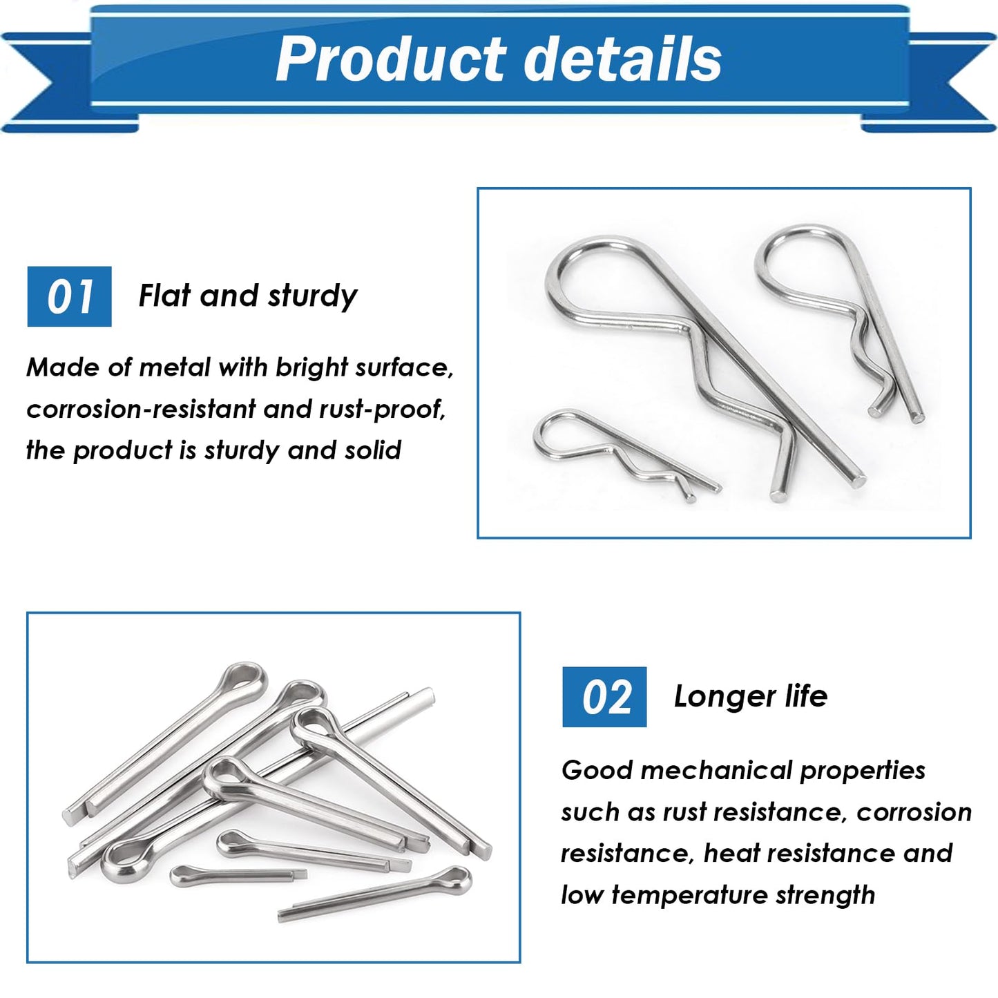 Eoppen Cotter Pin Assortment Kit - 304 Stainless Steel 13 Sizes Cotter Pins & R Clips Cotter Pin Set for Hitch Pin Lock Systems