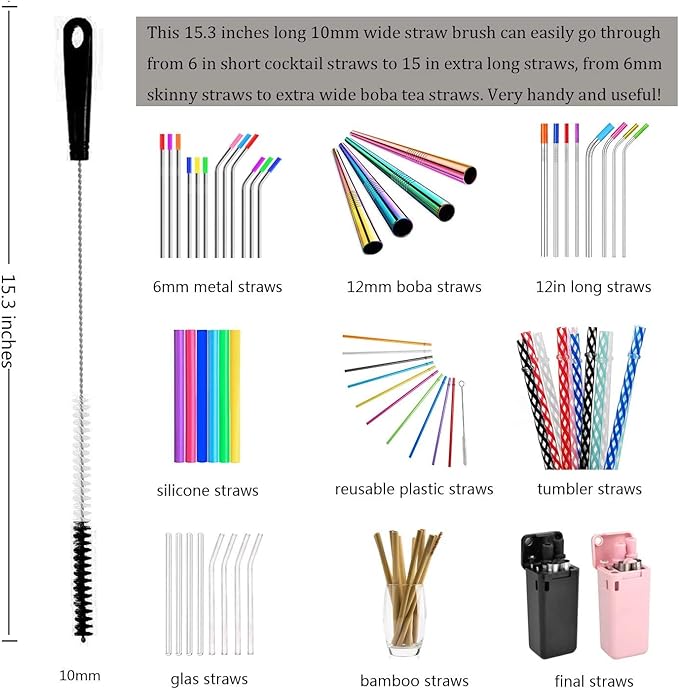 ALINK 8-Pack Bottle Cleaning Brush Set - Long Handle Black Bottle Cleaner for Washing Narrow Wine/Beer Bottles/Thermos/Flask Tumbler/Sport Well/Kettle/Lid Brush, Straw Brush