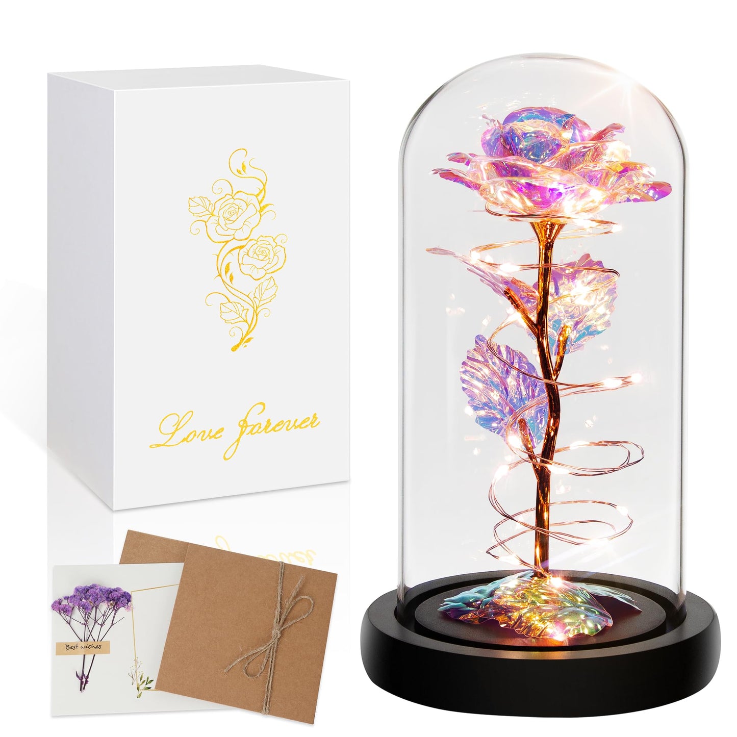 Childom Birthday Gifts for Women,Flowers for Delivery Prime,Colorful Rainbow Light Up Rose in A Glass Dome,Christmas Rose Gifts for Her Mom Women Wife Girl Grandma on Christmas Anniversary Valentines