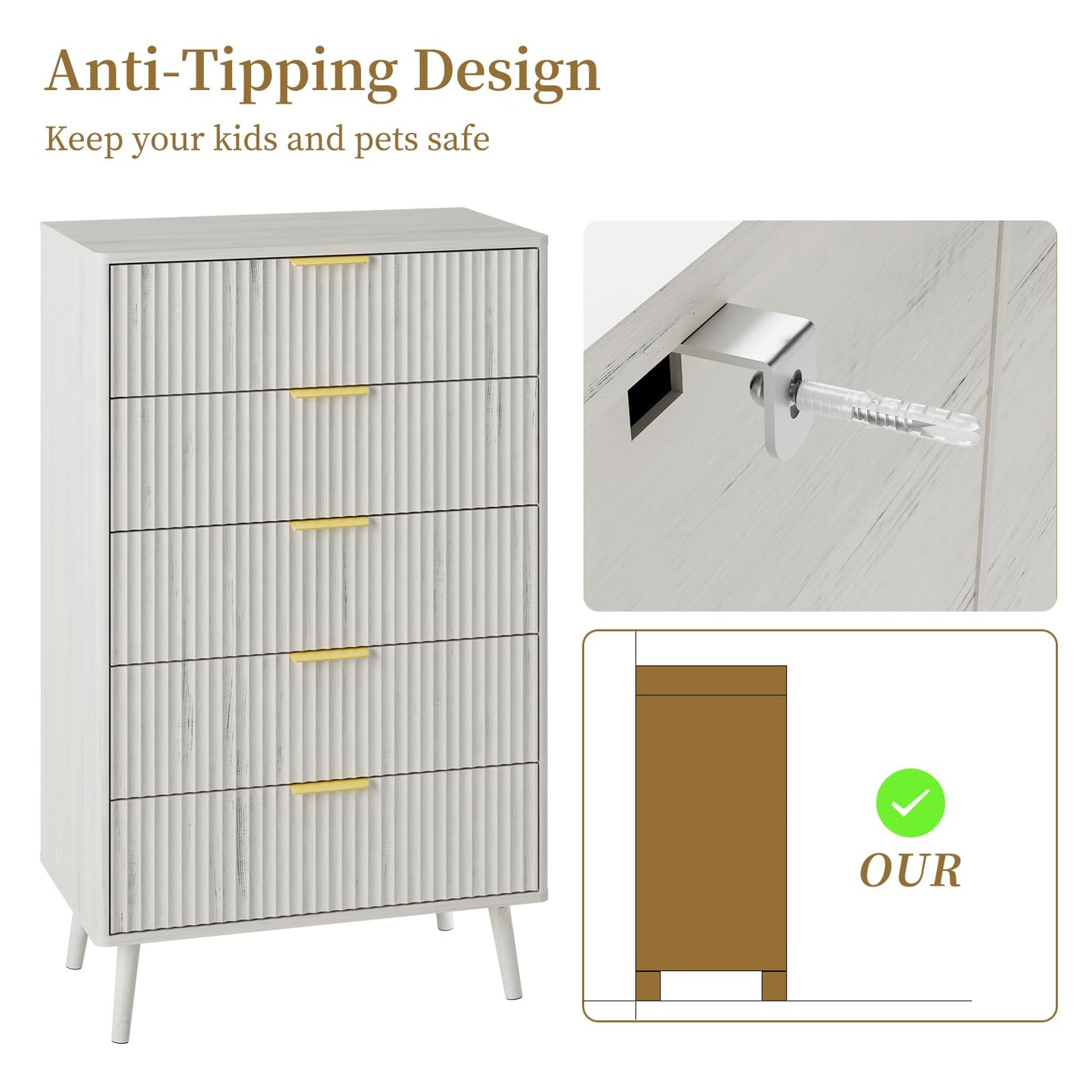 LYNSOM Fluted 5 Drawers Dresser, 45" Tall Modern Chest of Drawers with Curved Profile Design and Metal Handle, Wood Drawer Organizer for Bedroom, Living Room, Hallway, Entryway, White