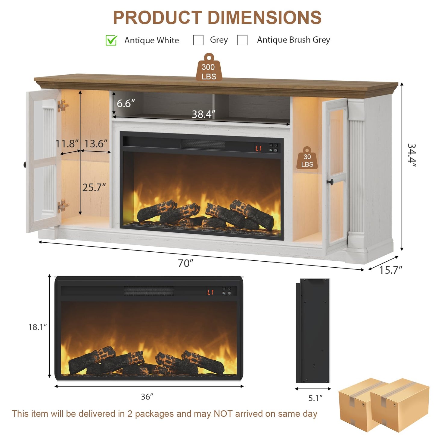 Farmhouse Fireplace TV Stand Up to 80" TVs, 70" Modern Highboy Entertainment Center with 36" Electric Fireplace & LED Lights, Media Console with Adjustable Shelves for Living Room, Antique White