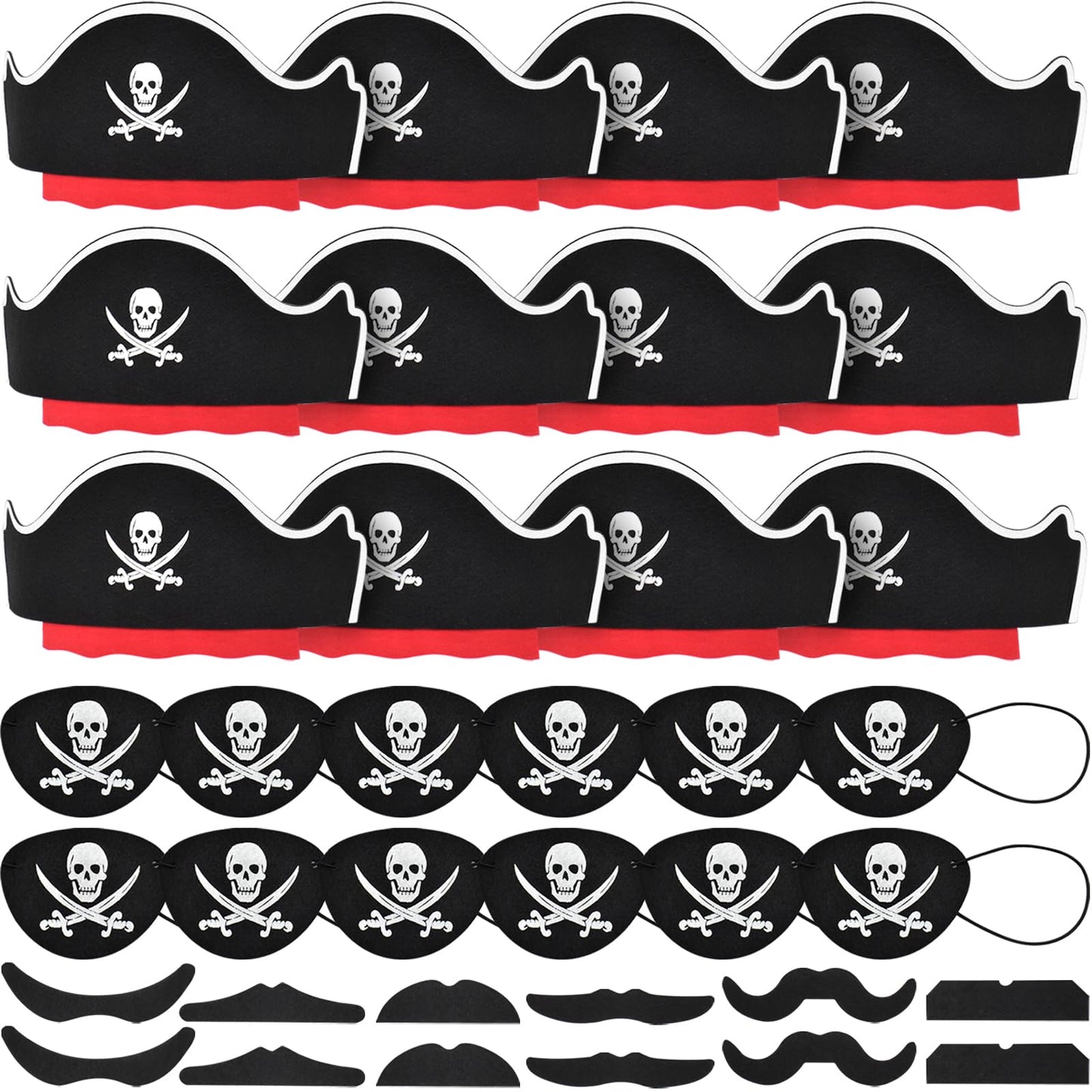 Halatool Pirate Hat Set for Kids, 36 Pcs Felt Pirate Hat, Skull Print Eye Patches, Fake Mustaches - Pirate Party Favors for Halloween, Masquerade, Cosplay