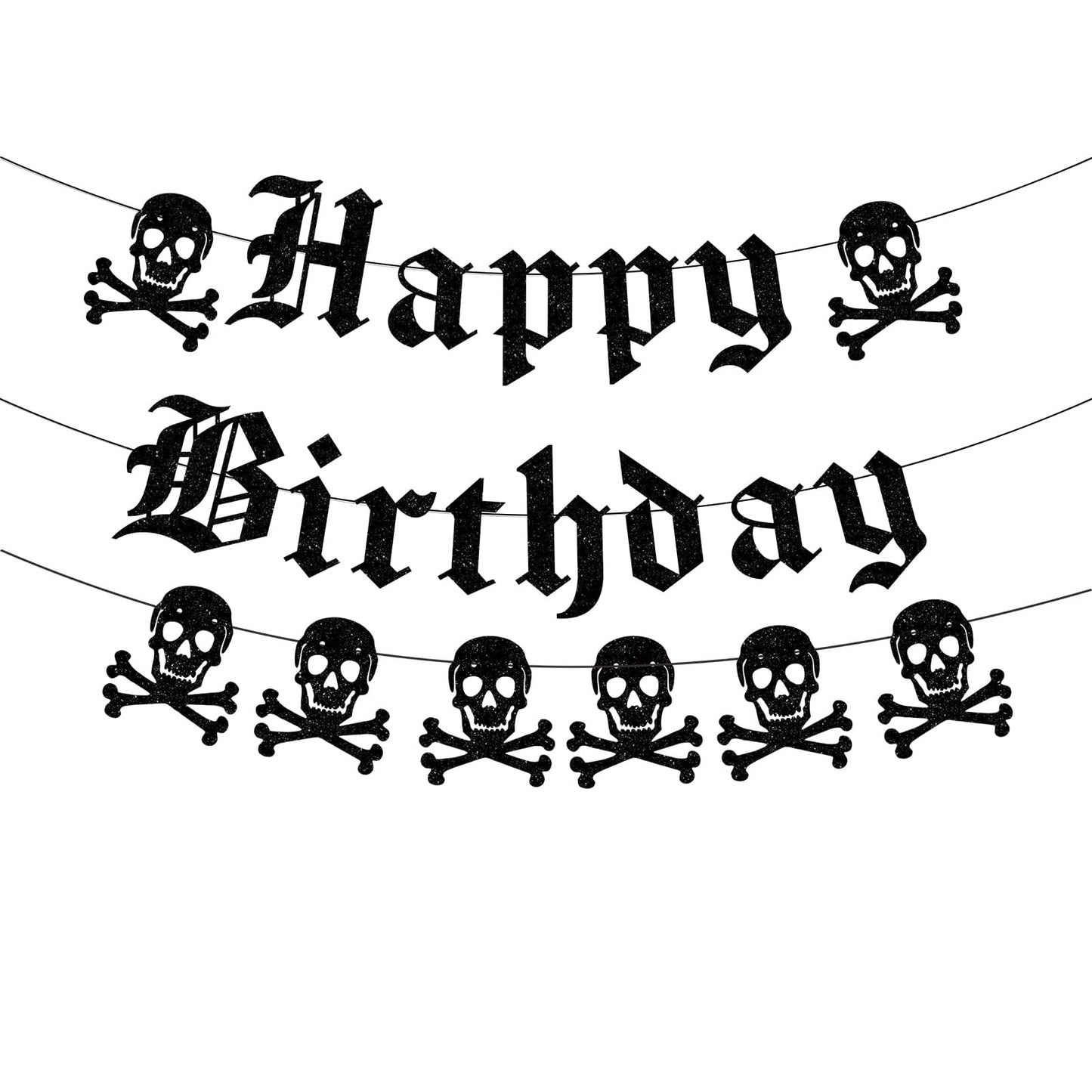 Gothic Happy Birthday Banner Black Glitter Old English Skull Garland Funny Funeral Birthday Banner for Scream Party,20th 30th 40th Birthday,Gothic Birthday Decorations,Halloween Party