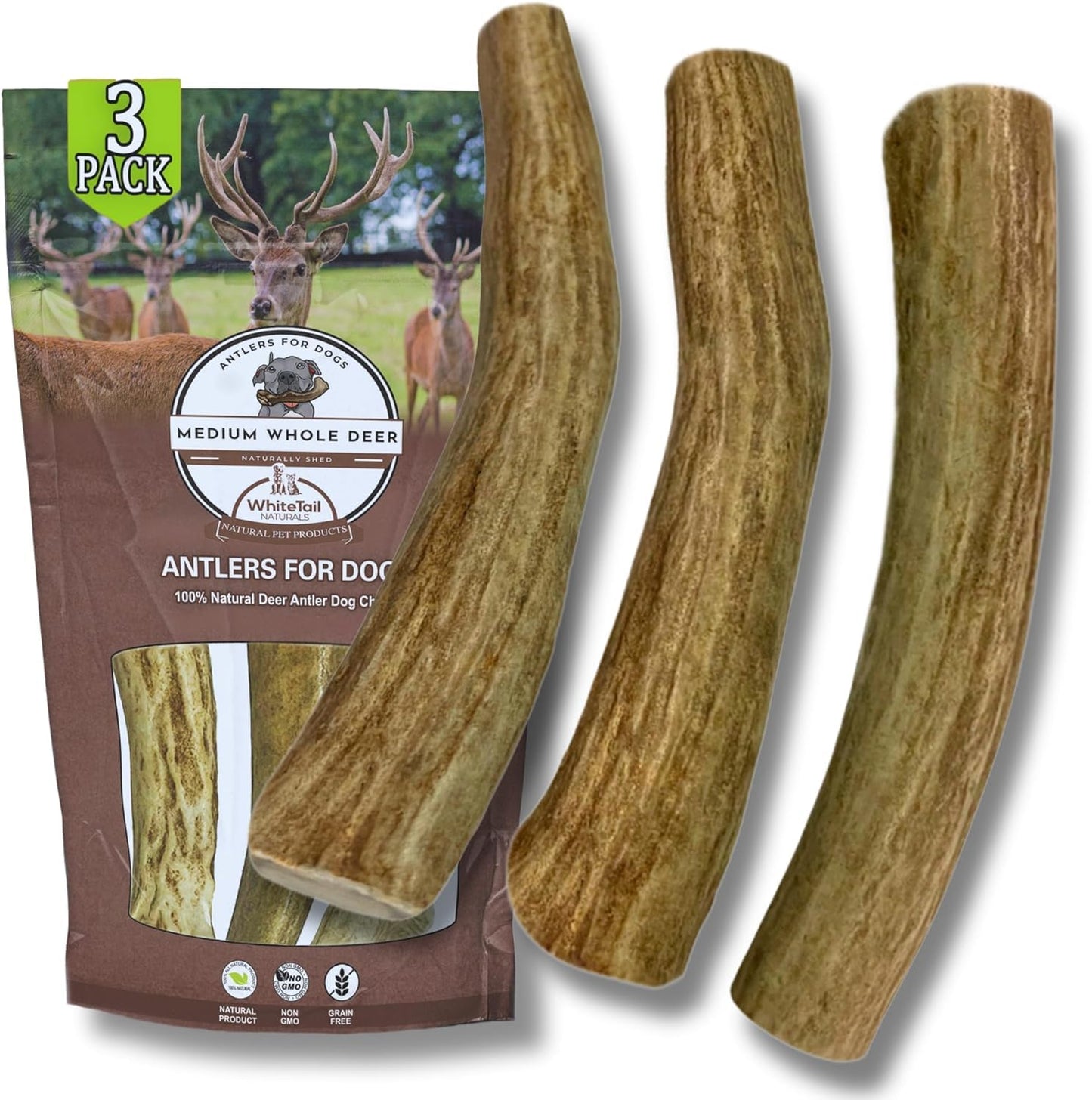 Whitetail Naturals - 3 Pack Medium - Deer Antler Dog Chews - Antlers for Medium Dogs - Long Lasting, Naturally Shed Antler Dog Bones