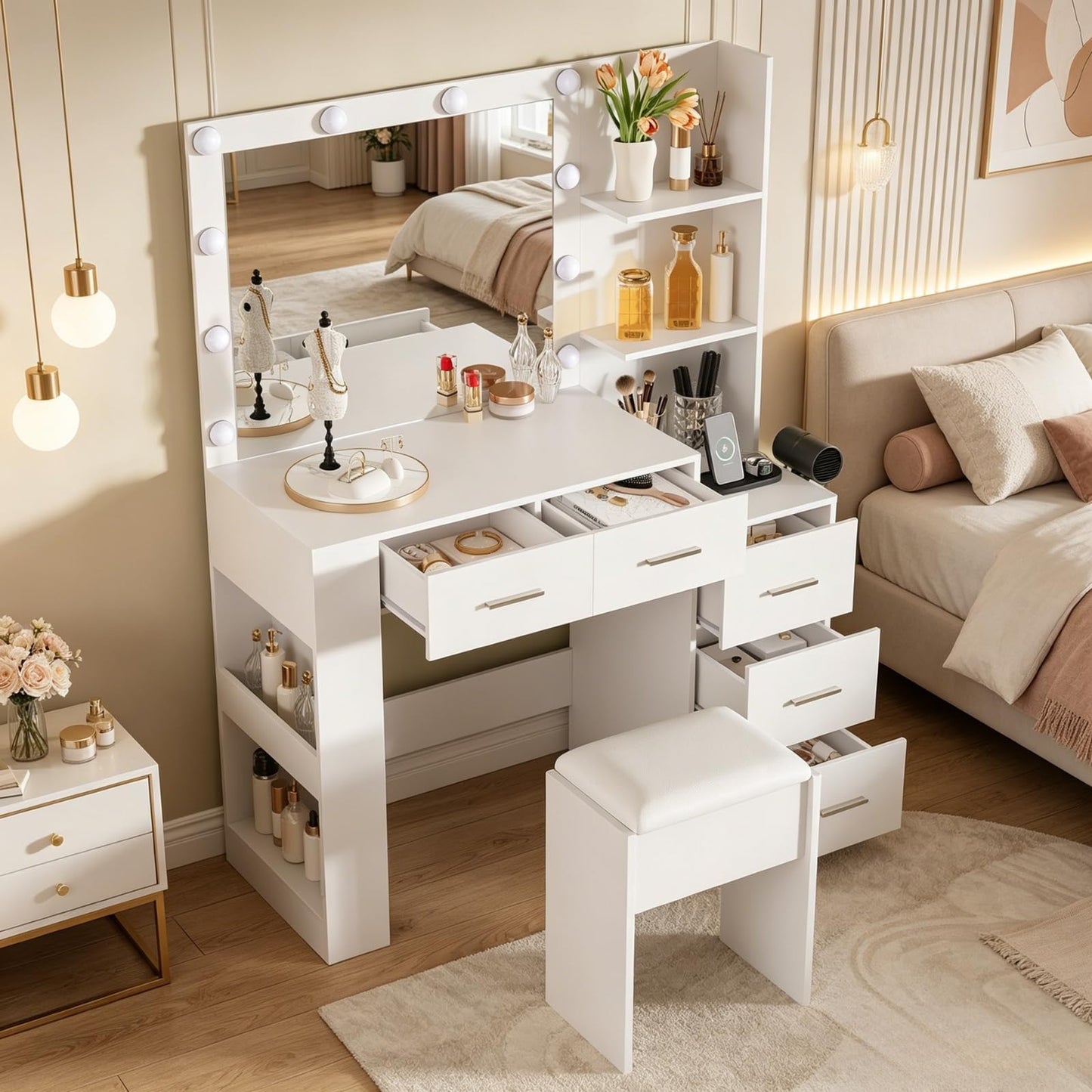 Garvee 41" Large Vanity Desk with 10-Bulb Mirror and Built-in Outlets - Makeup Vanity Desk with 3 Color Lighting Modes and 5 Drawers - Dressing Table with Soft Cushioned Stool for Bedroom