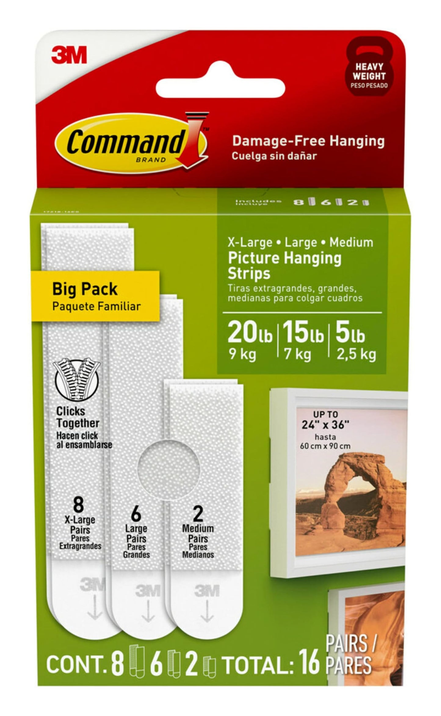 Command Picture Hanging Strips Variety Pack, Damage-Free Hanging Picture Hangers, No Tools Wall Hanging Strips for Christmas Decorations, White, 2 Medium Pairs, 6 Large Pairs and 8 X-Large Pairs