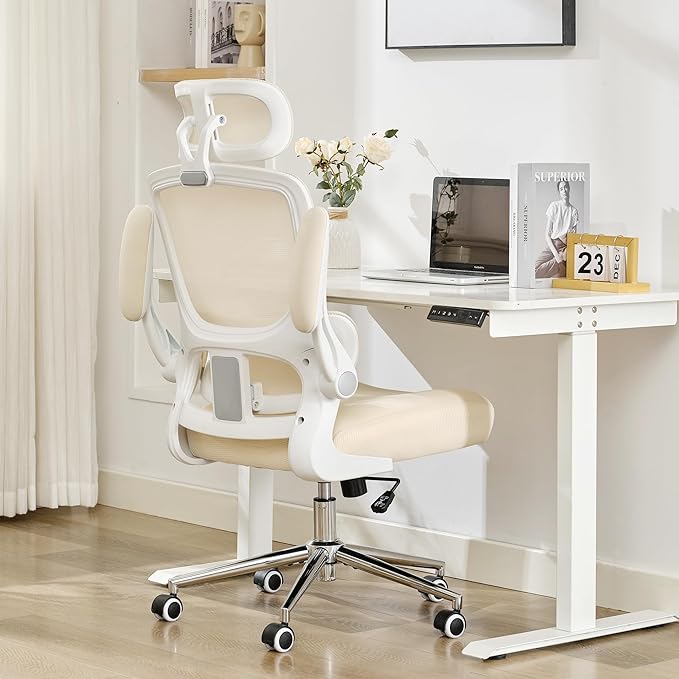 BOWTHY Ergonomic Office Chair,Home Mesh Office Desk Chairs,High Back Chair 330 LBS,Swivel Computer Task Chair with Adjustable Lumbar Support,Up&Down Flip-Up Arms,Rocking Function (Beige)