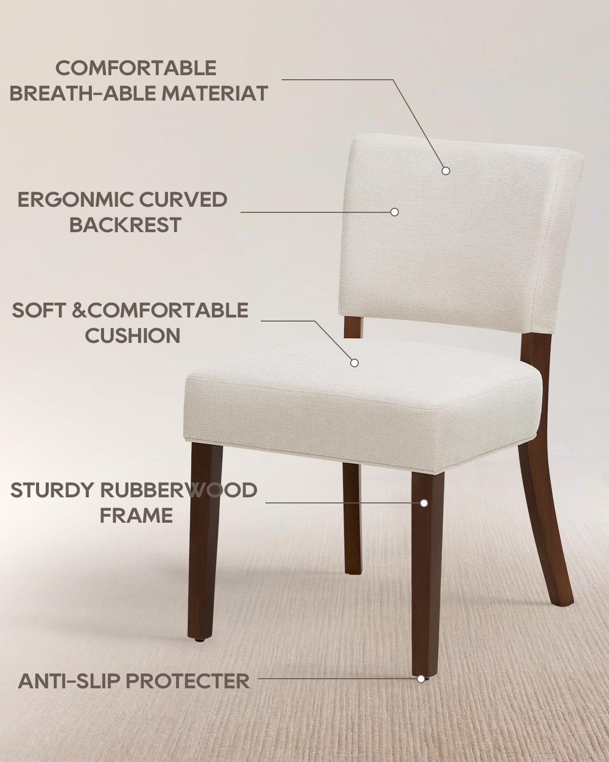 Homixis Upholstered Dining Chairs Set of 4 - Modern Farmhouse Kitchen Chairs, Mid-Back Dining Room Chairs with Wooden Legs,Beige