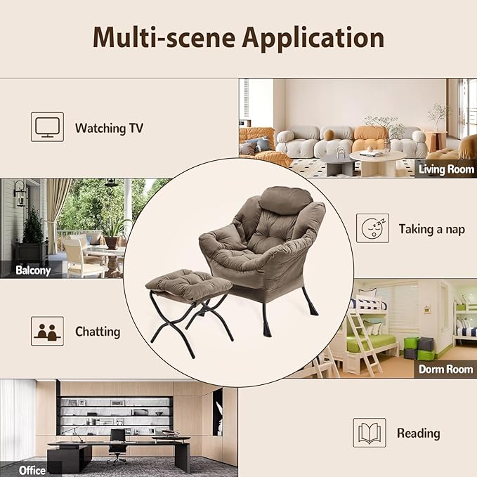 Youtanic Lazy Chair with Folding Ottoman, Accent Chair Velvet Upholstered with Metal Structure and Non-Slip Pads, Sofa Armchair with Footrest and Side Storage Bag for Dorm, Room, Office, Dark Gray