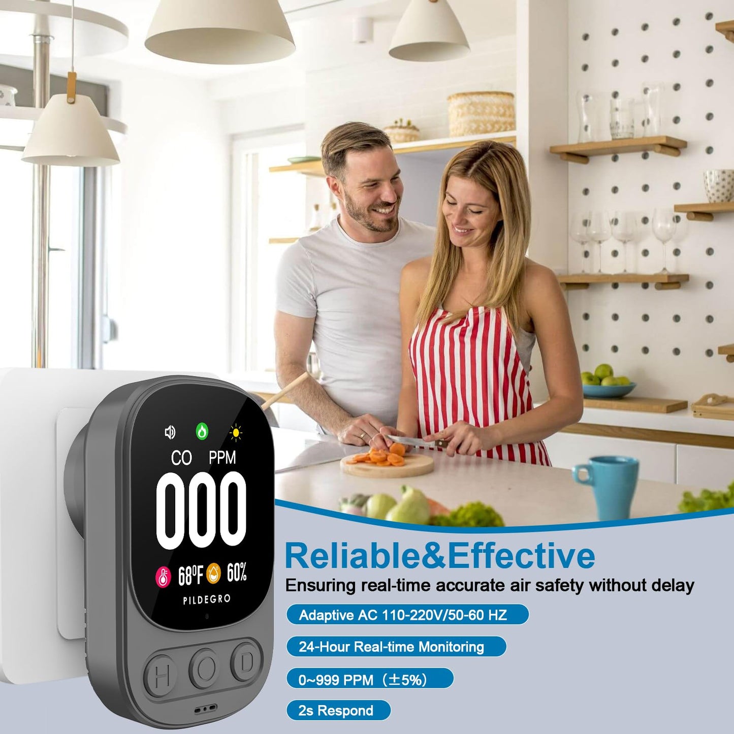 Pildegro 3-in-1 Carbon Monoxide Detector Plug in, Professional 2.1" LED Plug-and-Play Real-Time CO Monitor with Temp & RH, Premium Portable Travel CO Alarm with 85dB Loud Alarm (Grey/Timeless)