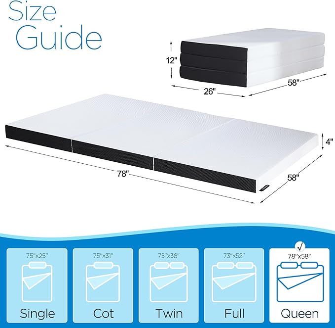 Roxzo 4-inch Queen Size Tri-Fold Memory Foam Mattress, Foldable for Indoor, RV/Camper Van, Travel, Camping, and Guest Rooms, with Breathable Cover & Non-Slip Bottom, 78x58x4 inches