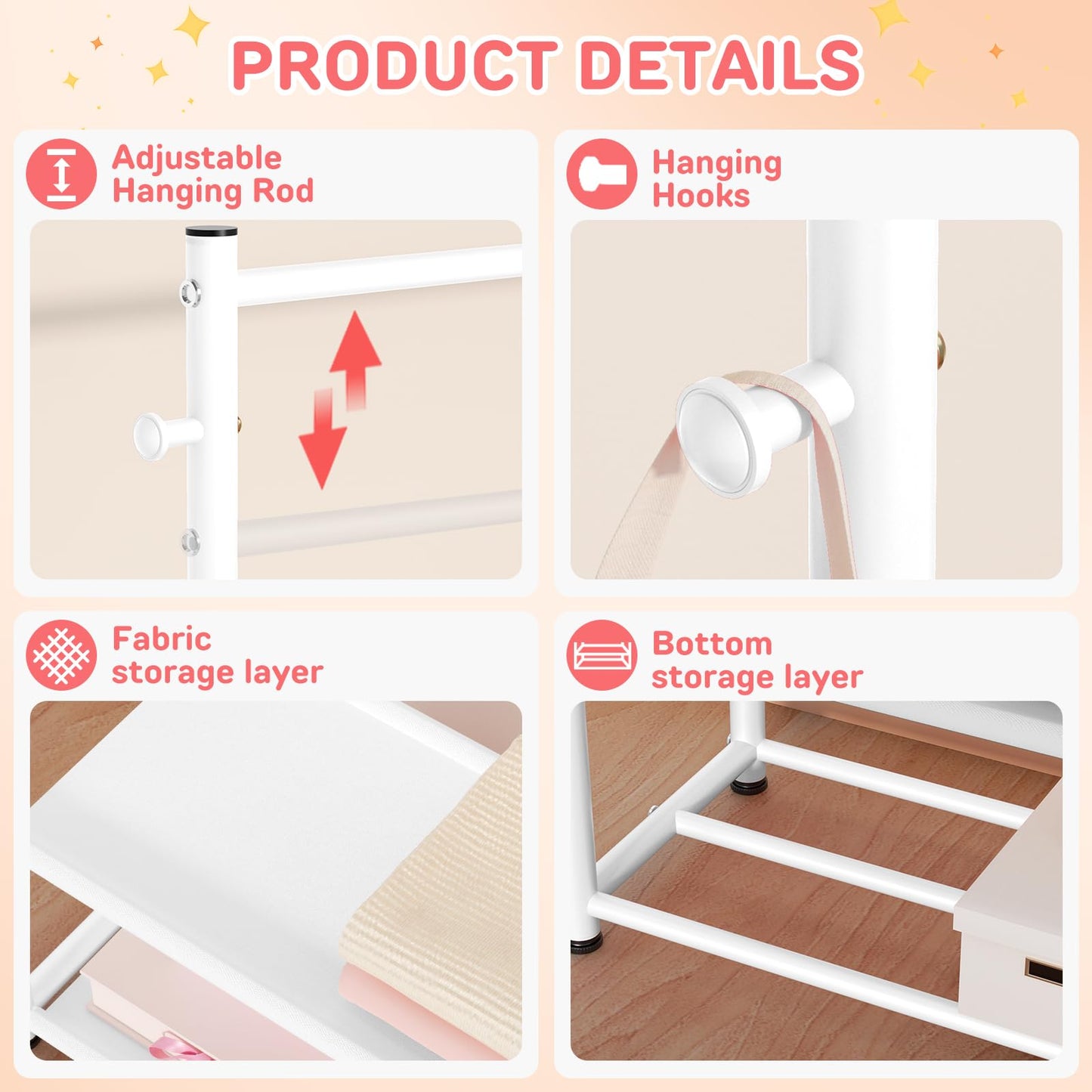 ZHKINGGS Kids Clothing Rack with 2-Layer Storage Shelf and 2 Adjustable Hanging Rods, Small Baby Closet Organizer for Hanging Clothes, Kids Dress Up Rack for Child (Classic, White)