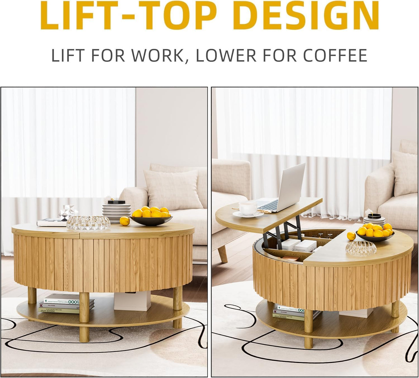 Limaoaio Round Lift Top Coffee Table with Storage, 31.5'' Modern 2-Tier Coffee Table with Hidden Storage Compartment and Open Shelf, Fluted Center Table for Living Room Home Office (Wood Color)