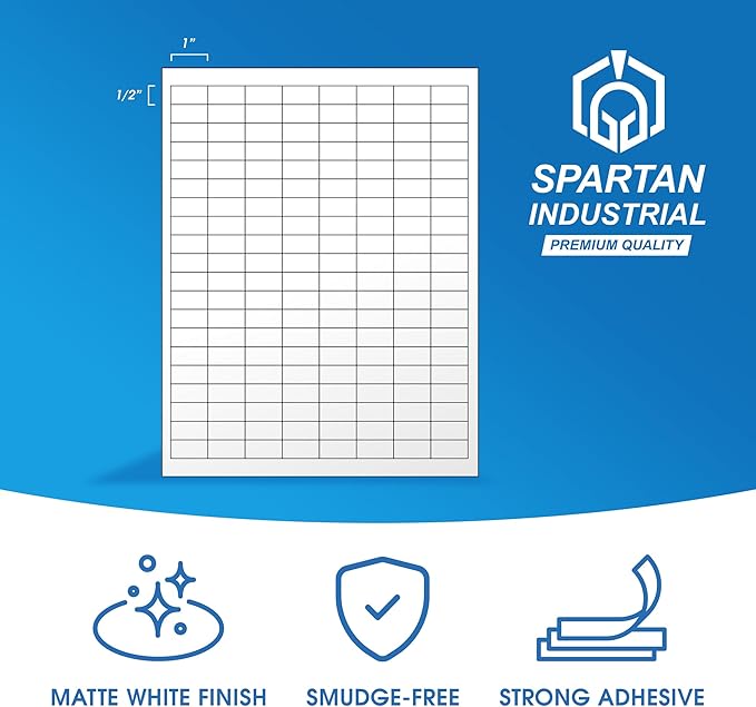 1" X 0.5" Matte White Printable Labels for Inkjet and Laser Printers - 250 Sheets, 40000 Custom Stickers for Address Labels, Price Tags, Barcodes, Inventory - Spartan Industrial Template R001