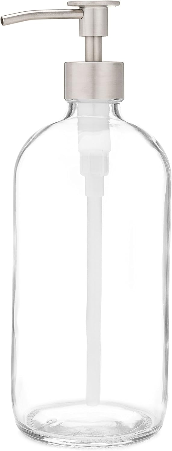 Rail19 Market Clear Glass Soap Dispenser with Metal Pump - Liquid Hand Soap & Lotion for Kitchen and Bathroom, 16oz (Luxe Stainless)