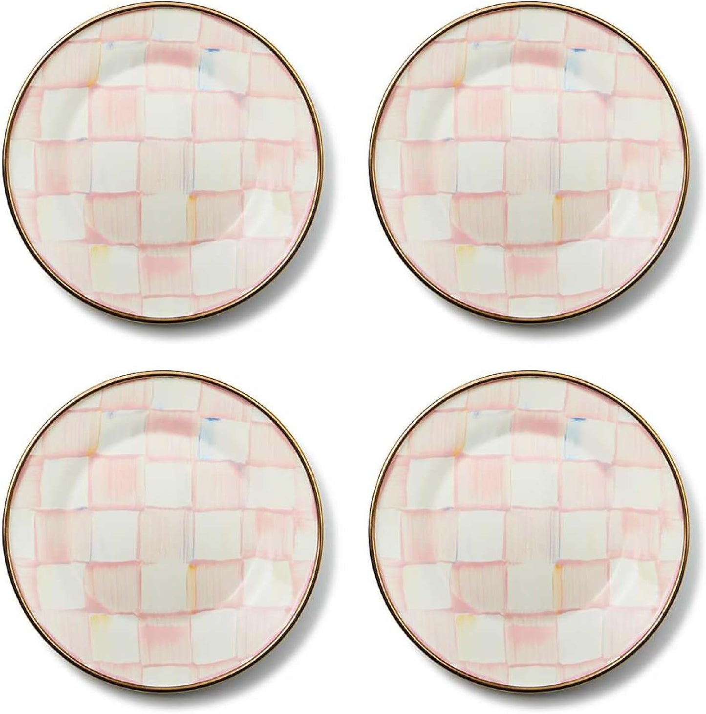 MACKENZIE-CHILDS Set of 4 Enamel Appetizer Plates, Mini Dessert Plates, 5 Inches, Pink-and-White Rosy Check