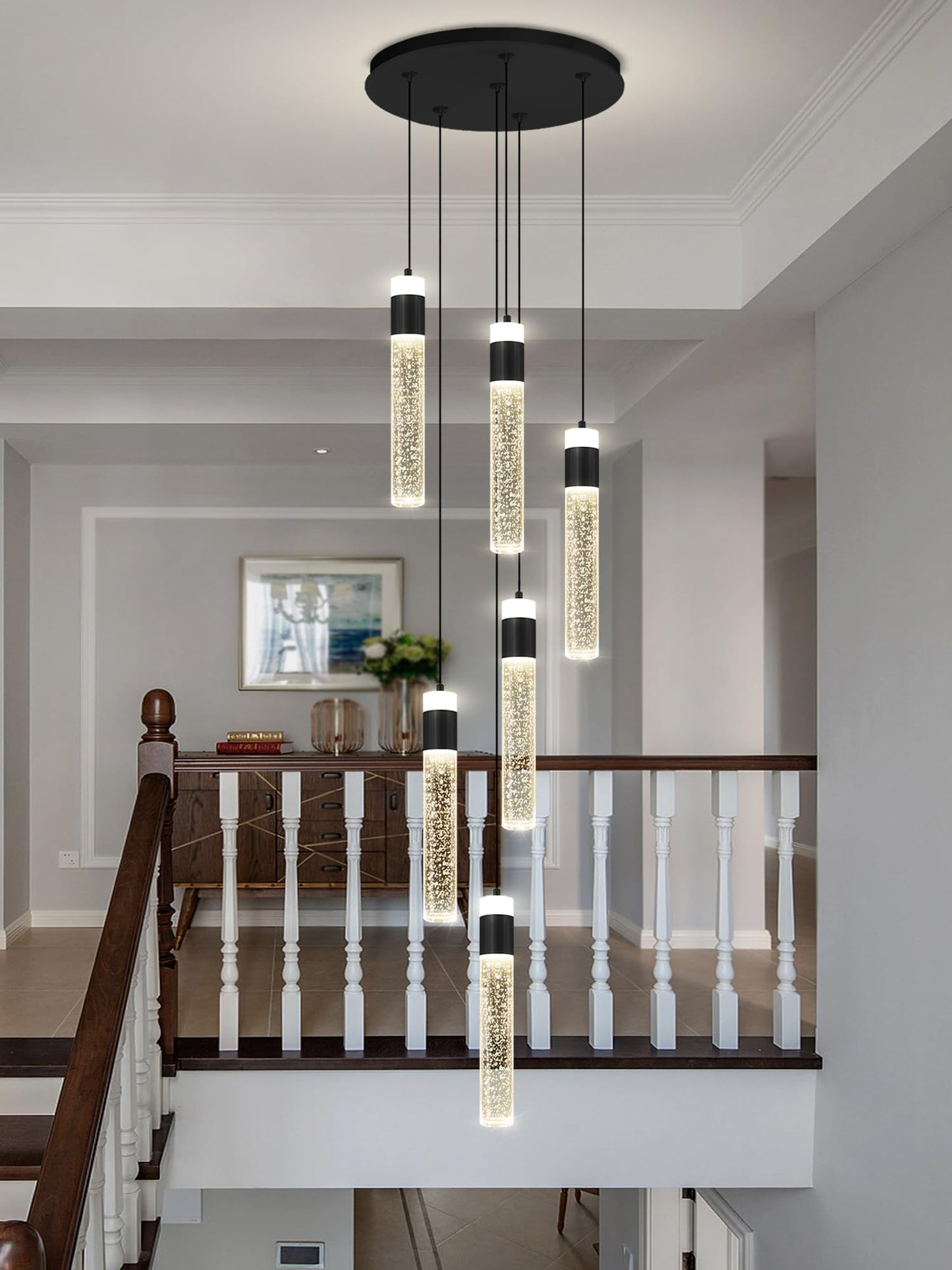 IDEQUY 6-Lights Modern Crystal Column Chandelier for Living Room Foyer Long Crytsal Chandeliers Pendant Lighting Flush Mount Hanging Light Fixture for Living Room Foyer Entryway