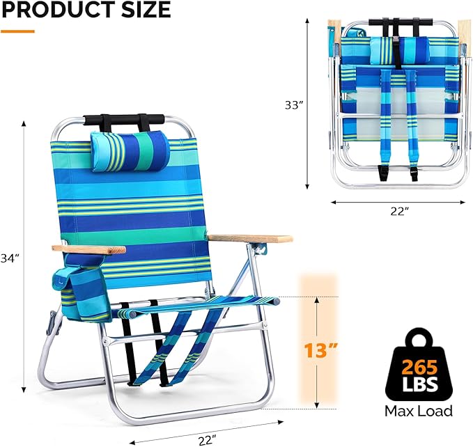VINGLI Aluminum 13" Backpack Beach Chair – Tall Beach Chairs for Adults, Portable with Adjustable Straps, 3-Position Reclining, Cup Holder, High Lightweight Beach Chairs for Beach
