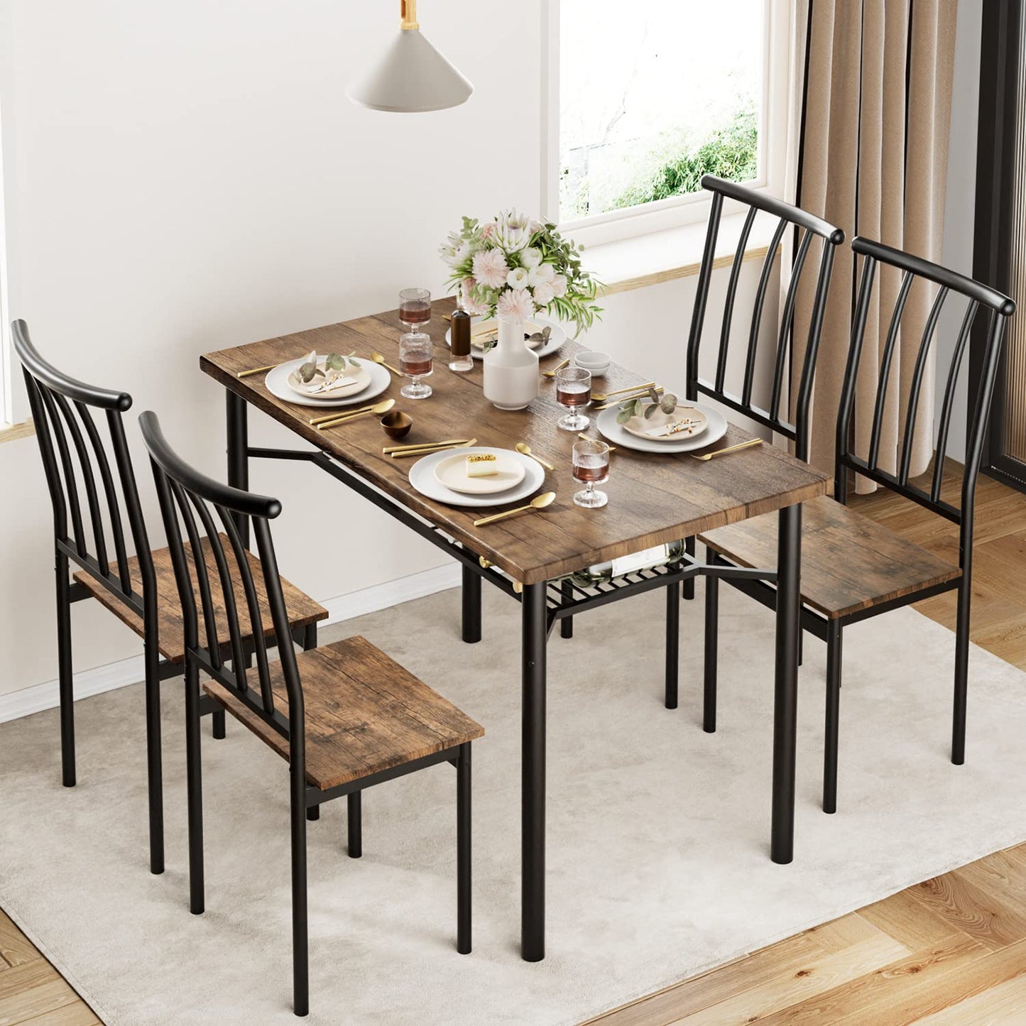 CABIHOME Dining Table Set for 4, Rectangle Kitchen Table Set with Wine Rack, Sturdy Chairs, Rustic Brown