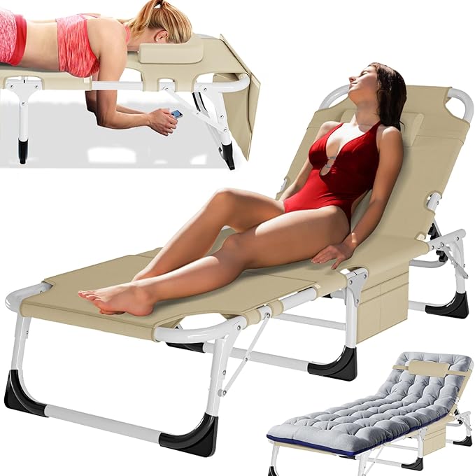 MOPHOTO Tanning Lounge Chair 5-Position, Outdoor Sunbathing Chairs Folding Chaise Lounge, Sun Tanning Lounger with Face Hole, Perfect for Pool Beach Patio Sunbathing