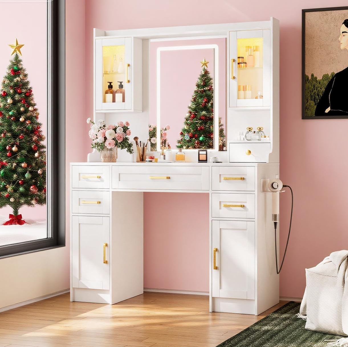 NUNU LAB Large Vanity Desk with Mirror and Lights - 7 Drawers & 4 Cabinets Extra Storage Capacity, Makeup Vanity Table with 3-Color Adjustable LED for Bedroom (043 No Bench, 42.1 * 15.75 * 57.7in)