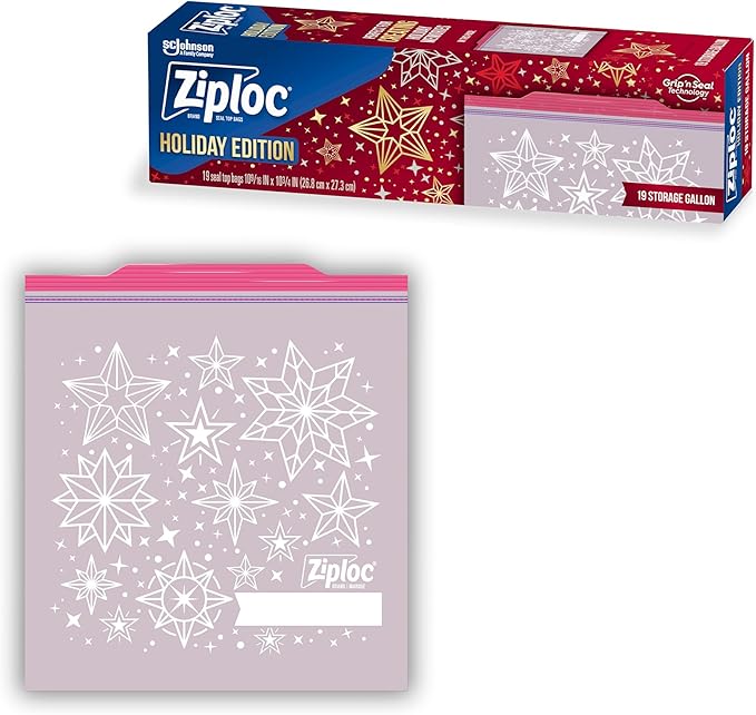 Ziploc Gallon Food Storage Bags, Grip 'n Seal Technology for Easier Grip, Open, and Close, 19 Count, Holiday Designs
