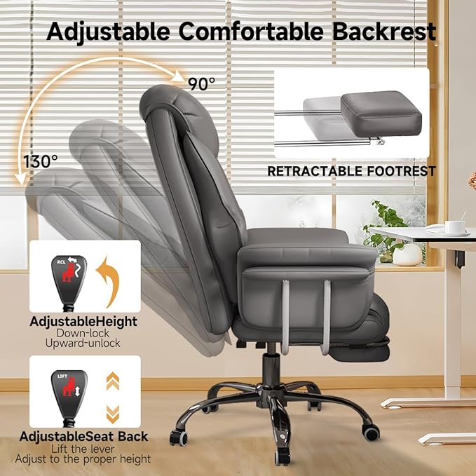 HDHNBA Big and Tall Office Chair 550 lbs Extra Wide Leather Executive Chair with Retractable Footrest, Heavy-Duty Ergonomic Chair, Adjustable Height Computer Gaming Chairs