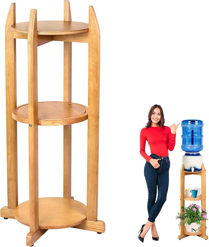 Natural Solid Wood Water Dispenser Floor Stand (32.8" Hight-11.2" Wide) Drink Dispenser Floor Stand with 3 Round Shelfs In...