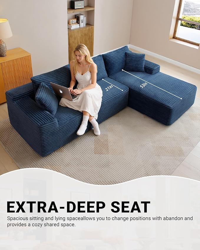 108" Cloud Sectional Couch,Modern Modular Sectional Sofa with Deep Seat,Corduroy Boneless Couches with L-Shape Chaise for Living Room,No Assembly Required (Blue, Right Facing Chaise)