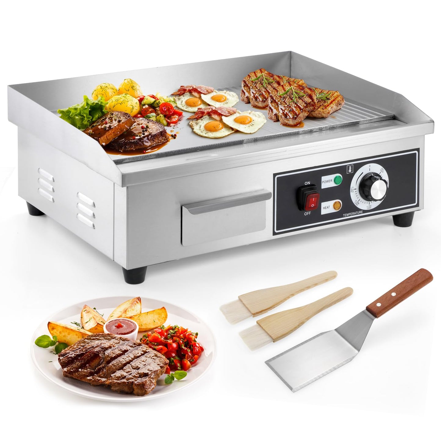 IRONWALLS Electric Griddle Nonstick 22 Inch, Stainless Steel Commercial Griddle for Indoor & Outdoor, 2-IN-1 Half Flat Top Griddle Grill for Restaurant & Home, 122℉-572℉ Adjustable Temperature
