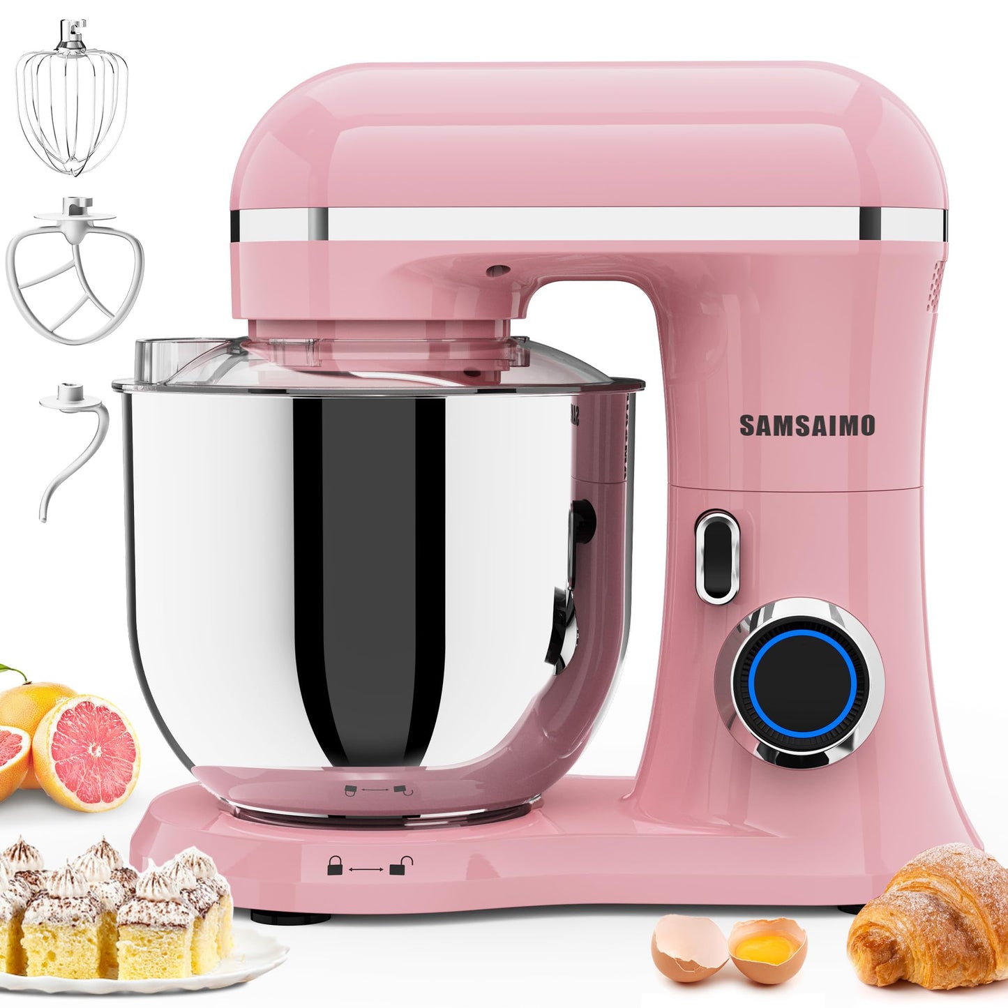 SAMSAIMO 3-IN-1 Electric Stand Mixer, 10-Speed With Pulse Button, Attachments include 6.5QT Bowl, Dough Hook, Beater, Whisk for Most Home Cooks, Sakura Pink