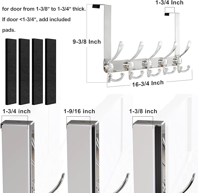 Dseap Over Door Hook 2.0 - Upgraded Version - Simple-Assembly, Strong, Heavy-Duty Stainless Steel 5-Tri-Hook Over The Door Hanger Rack, SimpleStrong Series, Chromed