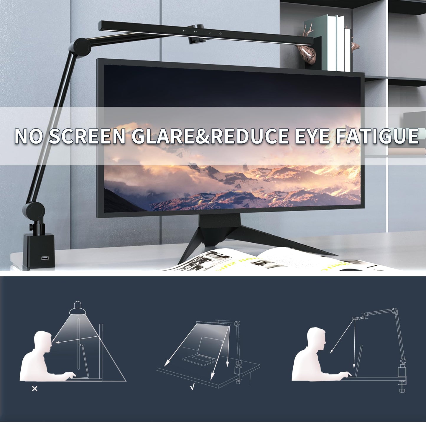 MELIFO LED Desk Lamp with Clamp,Monitor Light Bar,Eye-Caring Desk Light,Ultra High Definition and Brightness Table Light,5 Modes 20 Brightness,No Screen Glare&Reduce Eye Fatigue for Reading,Study.