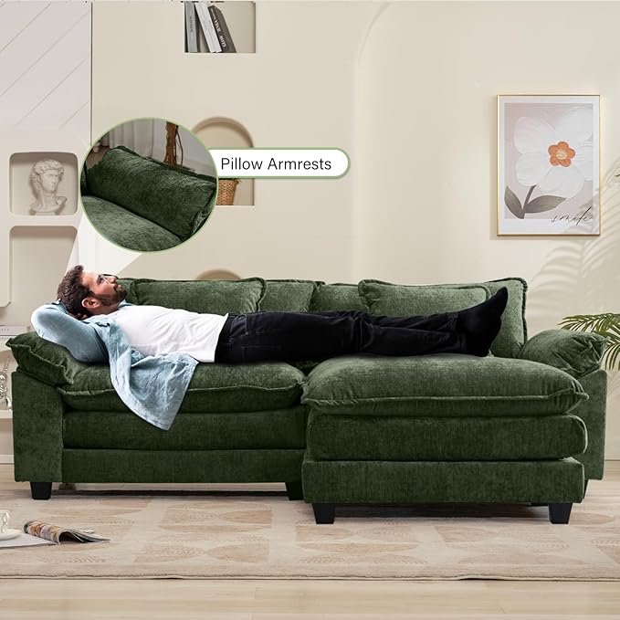 Oprisen 86" Modular Sectional Sofa, Comfy Cloud Couch Sectional Sofa with Ottoman, Chenille Sofa Sleeper Deep Seat Sofa with Throw Pillows for Living Room (Green, 86"- L Shape)