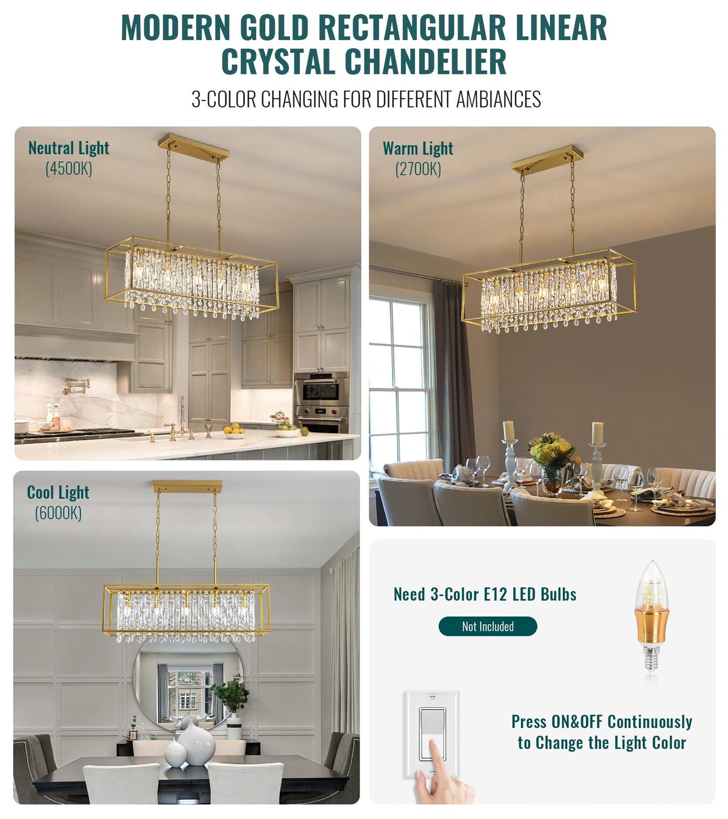 Siljoy Rectangular Gold Crystal Chandelier for Dining Room, 5-Light Modern K9 Crystal Raindrop Chandelier Luxury Crystal Pendant Ceiling Light for Living Room Kitchen Island L35.4'' x W11'' x H12''