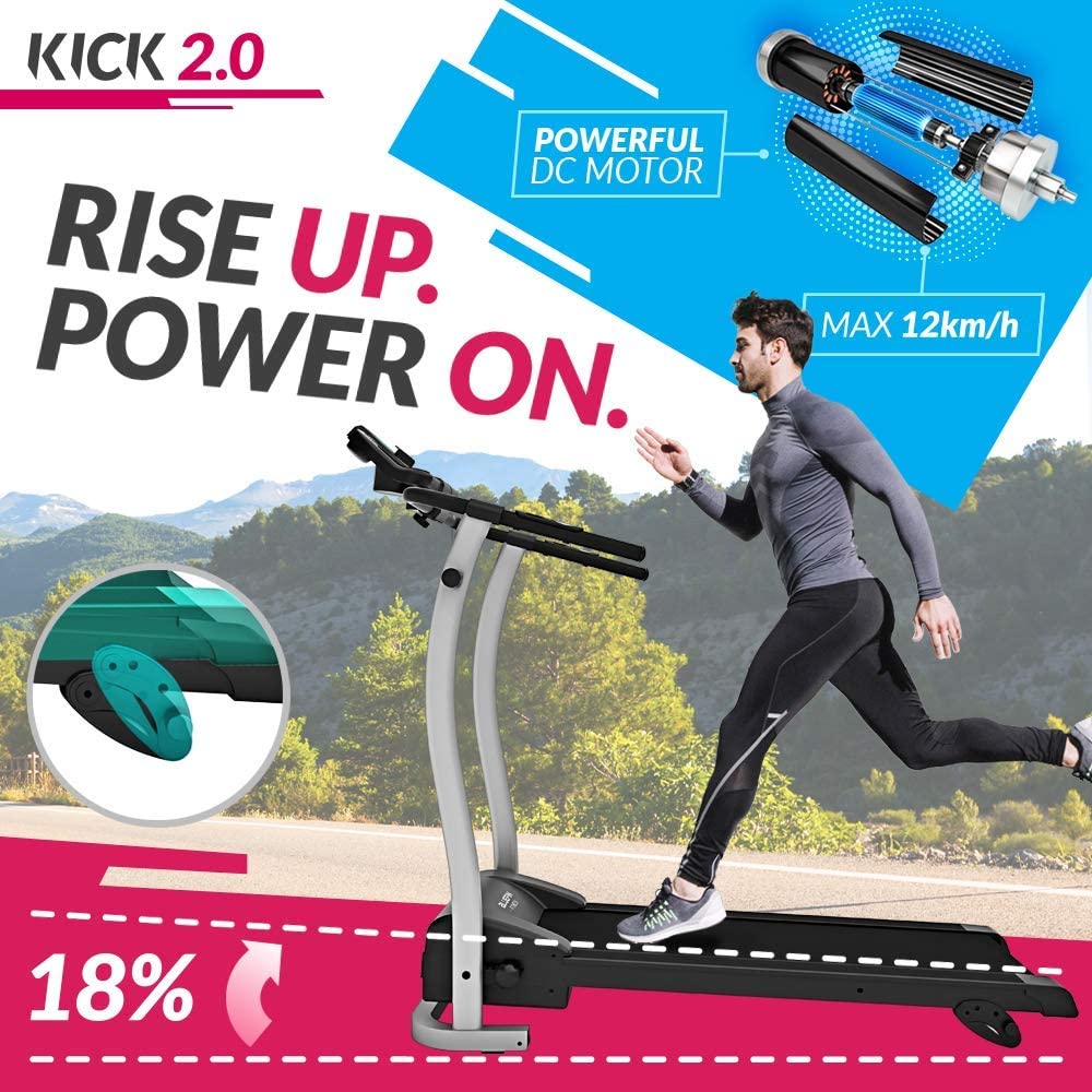 Bluefin Fitness Kick 2.0 Innovative High-Speed Folding Treadmill | Kinomap | Live Video Streaming | Video Coaching & Training | Quiet | 12 Km/h + 18% Incline | Joint Protection Tech | HRC Sensors