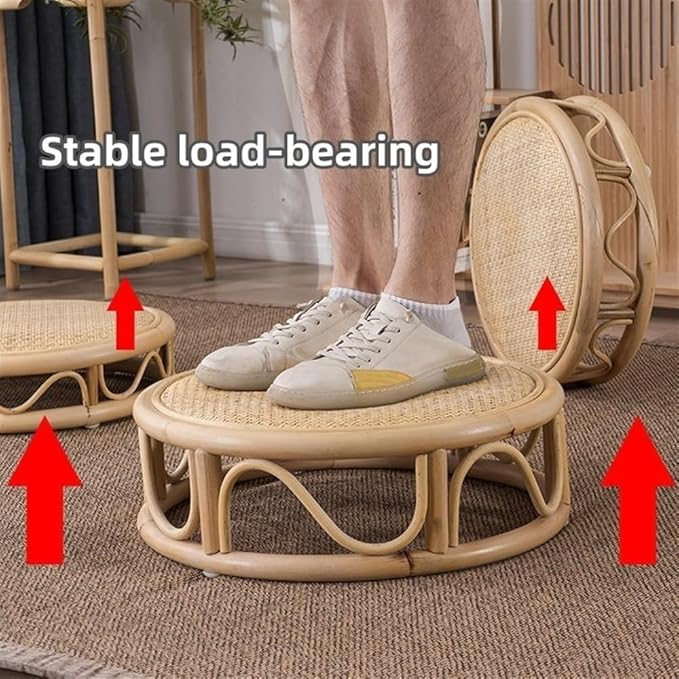 Rattan Low Stool, Hand-Woven Round Rattan Cushion, Meditation Floor Mat, Vintage Futon Cushion, Yoga Cushion, Suitable for Bedroom, Balcony(Natural,45 * 15cm/17.7 * 5.9in)