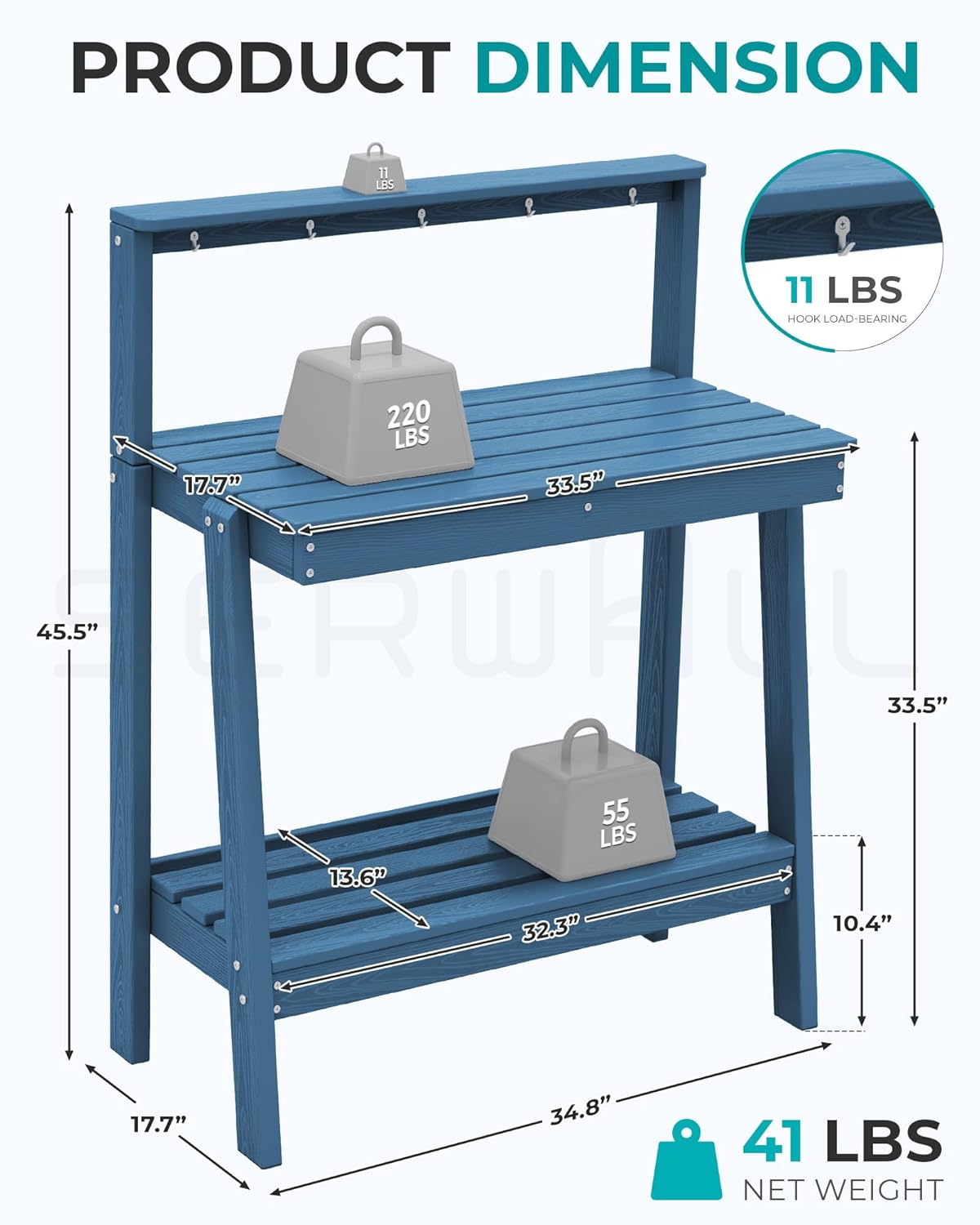 SERWALL Potting Bench Outdoor with Storage, 3-Tier HDPE Gardening Table with Angled Legs & Tool Hooks, All-Weather Heavy Duty Potting Table for Patio, Backyard, Garden, Blue