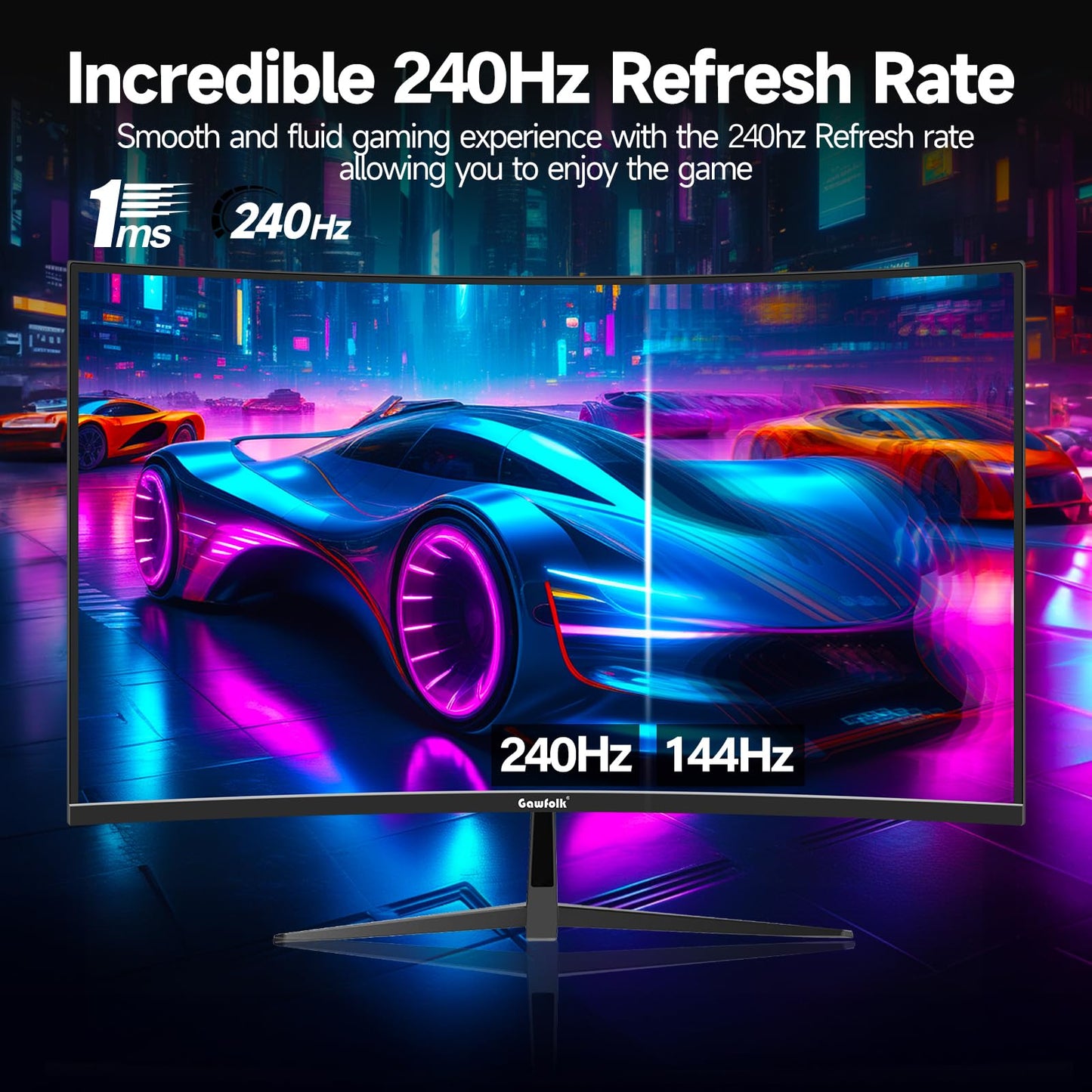 Gawfolk 32 Inch Curved Gaming Monitor 240Hz, 1800R PC Monitor Full HD 1080P, Frameless Computer Dispaly with Freesync and Eye Care Technology, Wall Mountable