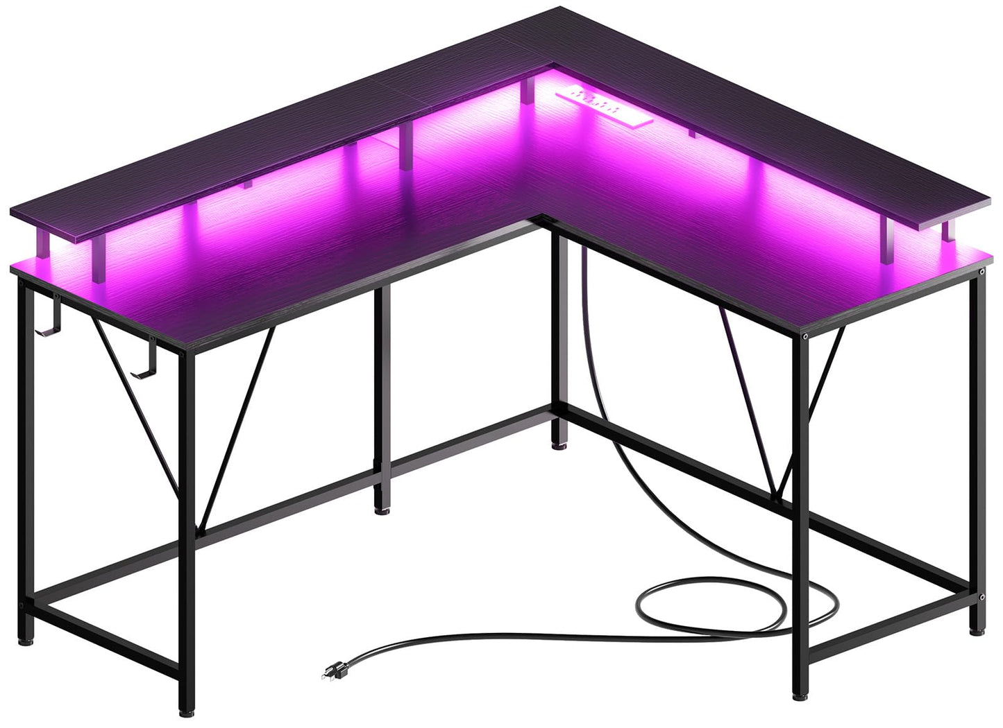 Huuger L Shaped Gaming Desk with LED Lights & Power Outlets, Computer Desk with Monitor Stand & Hooks, Home Office Desk, Corner Gaming Desk, Black