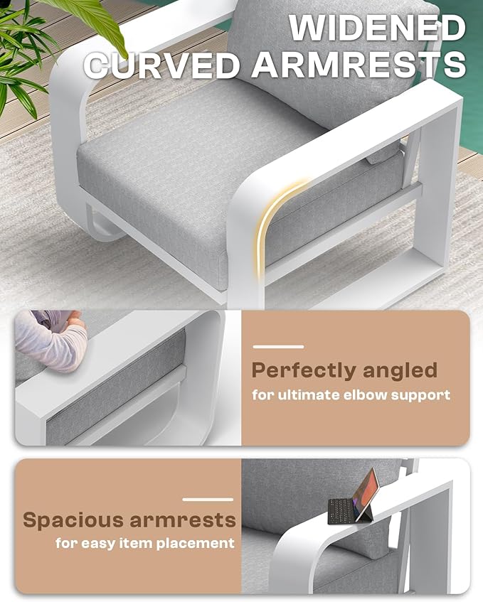 Aluminum Outdoor Patio Couch, 3 Seats Oversized Patio Sofa with Widened Armrest & Ultra-Thick Cushions, Deep Seating Modern Patio Furniture for Backyard, Deck, White