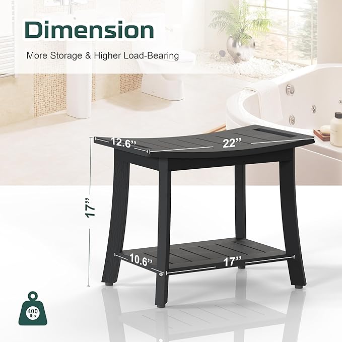 Waterproof Shower Benches for Inside Shower, Poly Lumber Shower Stool with Storage Shelf & Adjustable Feet, SPA Bathroom Seat Chair for Shaving Legs, Indoor or Outdoor Use, Black