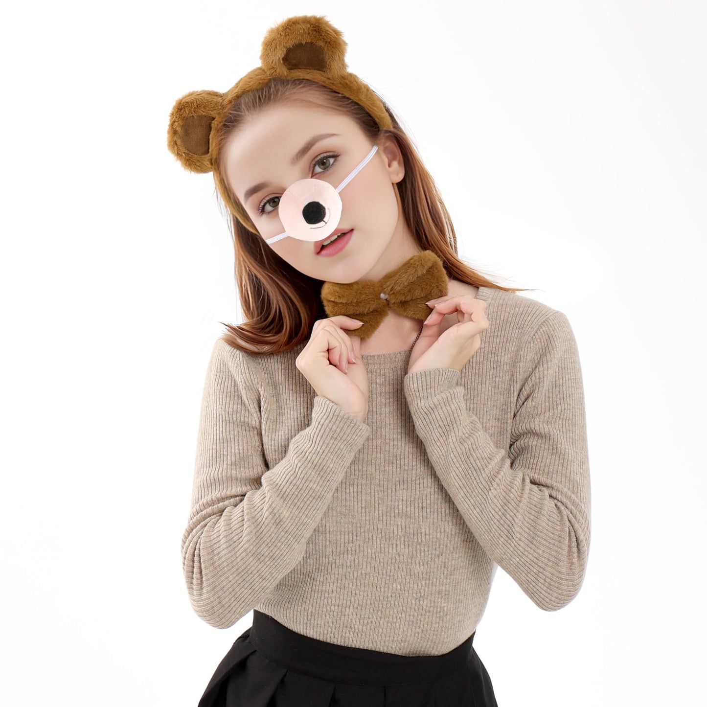 Jmkcoz 4 Pieces Bear Costume Set Bear Ears Headband and Tail Nose Bowtie for Halloween Carnival Animal Cosplay Party (Brown)