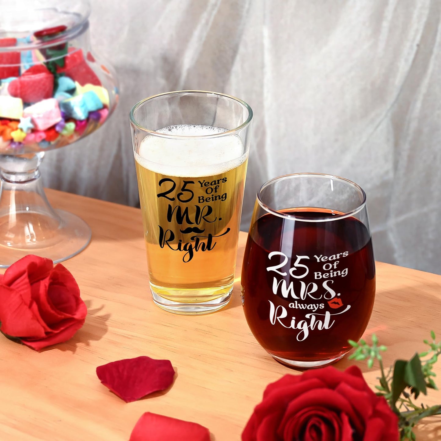 Futtumy 25th Anniversary Glass Gifts Set, 25 Years of Being Mr Right & Mrs Always Right 17oz Wine 15oz Beer Glass, 25th Wedding Anniversary for Wife Husband Couple Parents Grandparents Friends
