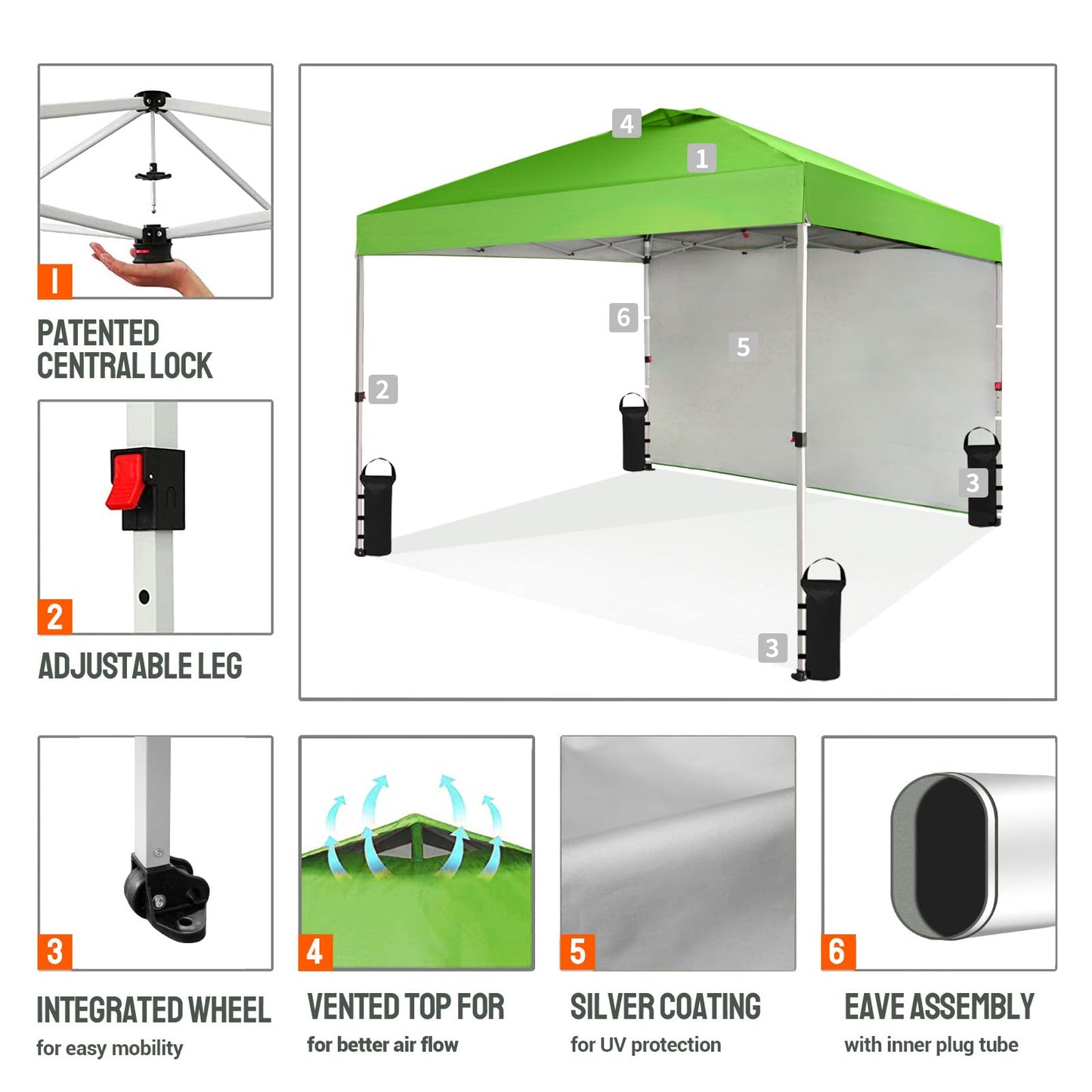 CROWN SHADES 10x10 Pop Up Canopy with 1 Side Wall - Beach Tent with One Push Setup - Outdoor Sun Shade for Events, Parties, Camping - Gazebo with STO-N-Go Cover Bag (Green)