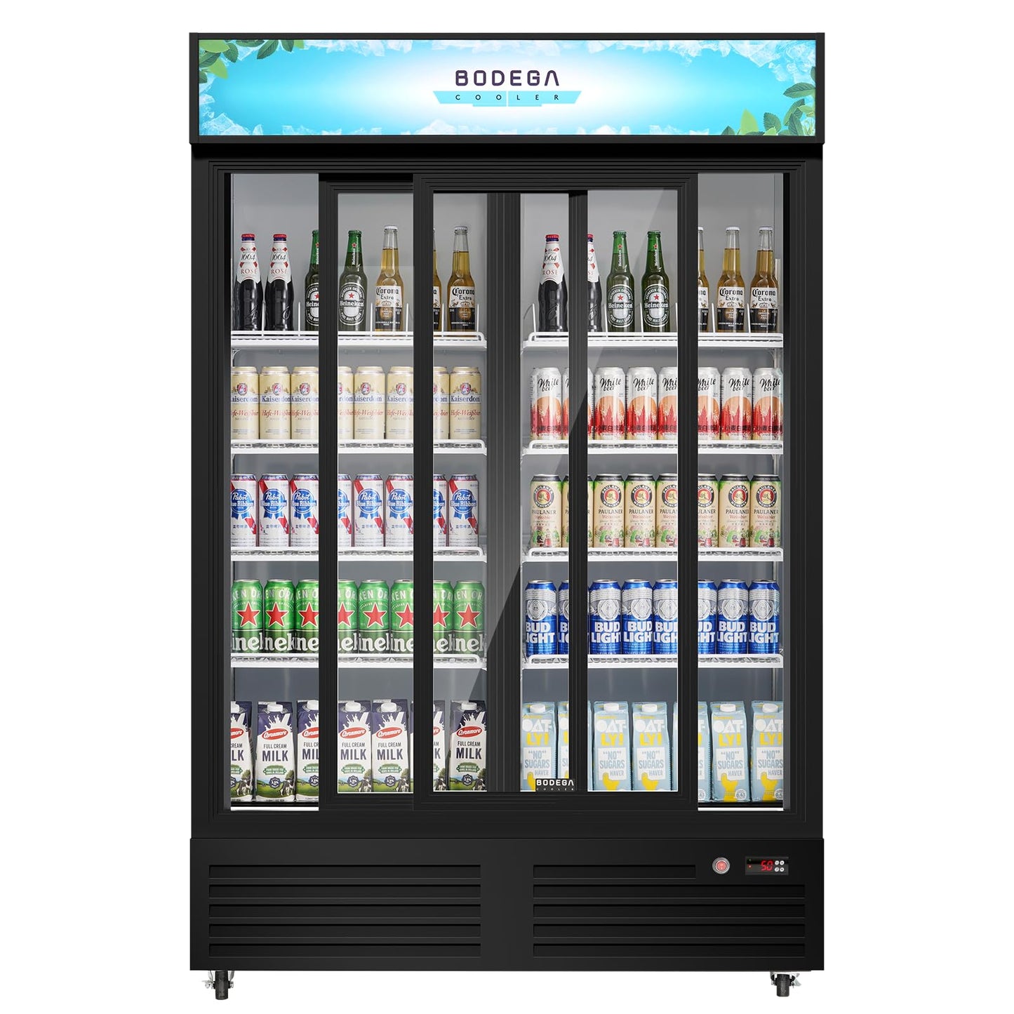 BODEGACOOLER Commercial Merchandiser Refrigerator, Upgrade Automatic Rebound Sliding Door Display Cooler, 2 Glass Door Display Drink Cooler with LED Light, Adjustable Shelves,Castors for Store,Office